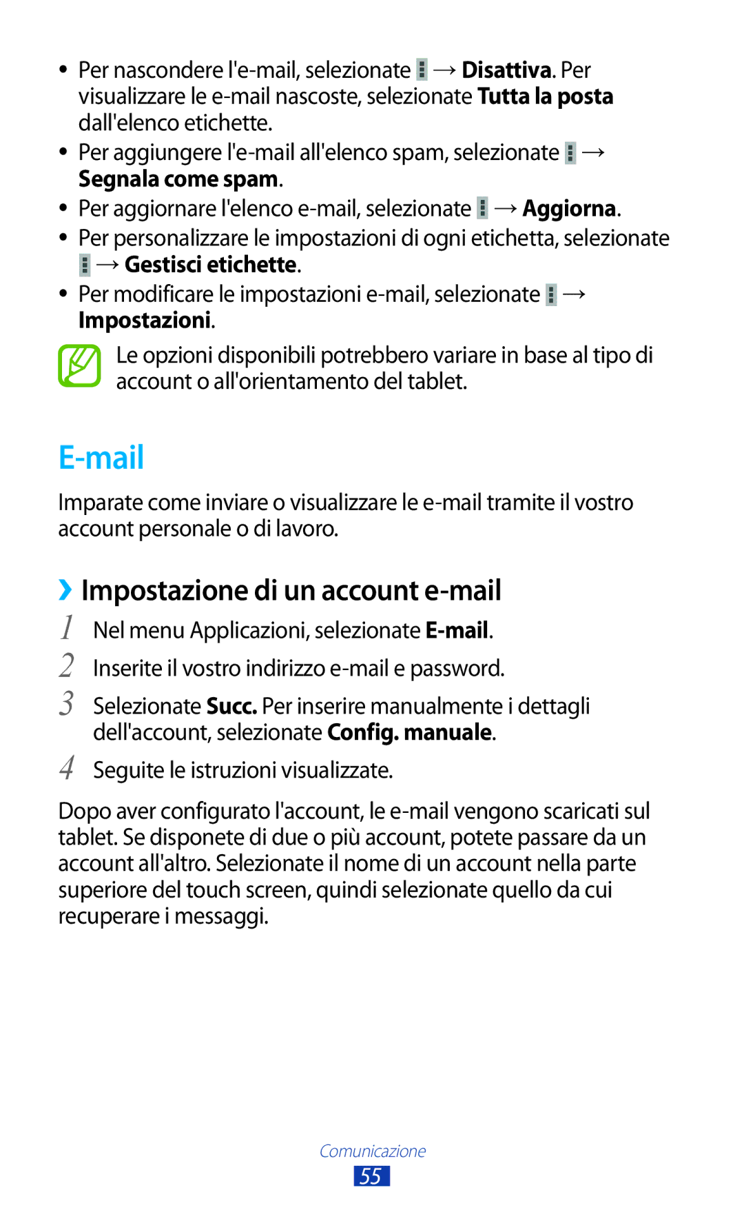 Samsung GT-P7500UWDITV Mail, ››Impostazione di un account e-mail, → Gestisci etichette, Seguite le istruzioni visualizzate 
