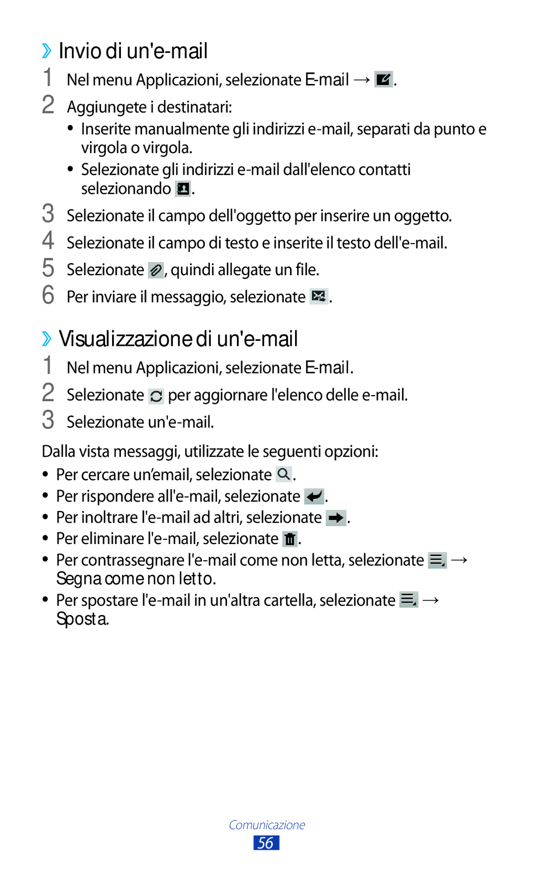 Samsung GT-P7500FKDOMN ››Visualizzazione di une-mail, Per cercare un’email, selezionate, Segna come non letto, Sposta 