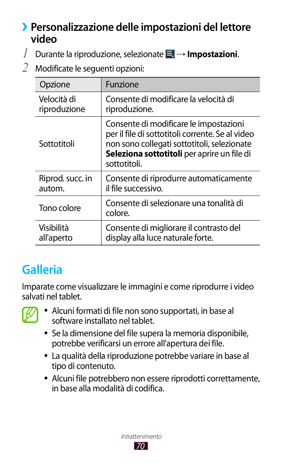 Samsung GT-P7500UWDTIM, GT-P7500FKDOMN, GT-P7500UWDHUI Galleria, ››Personalizzazione delle impostazioni del lettore video 