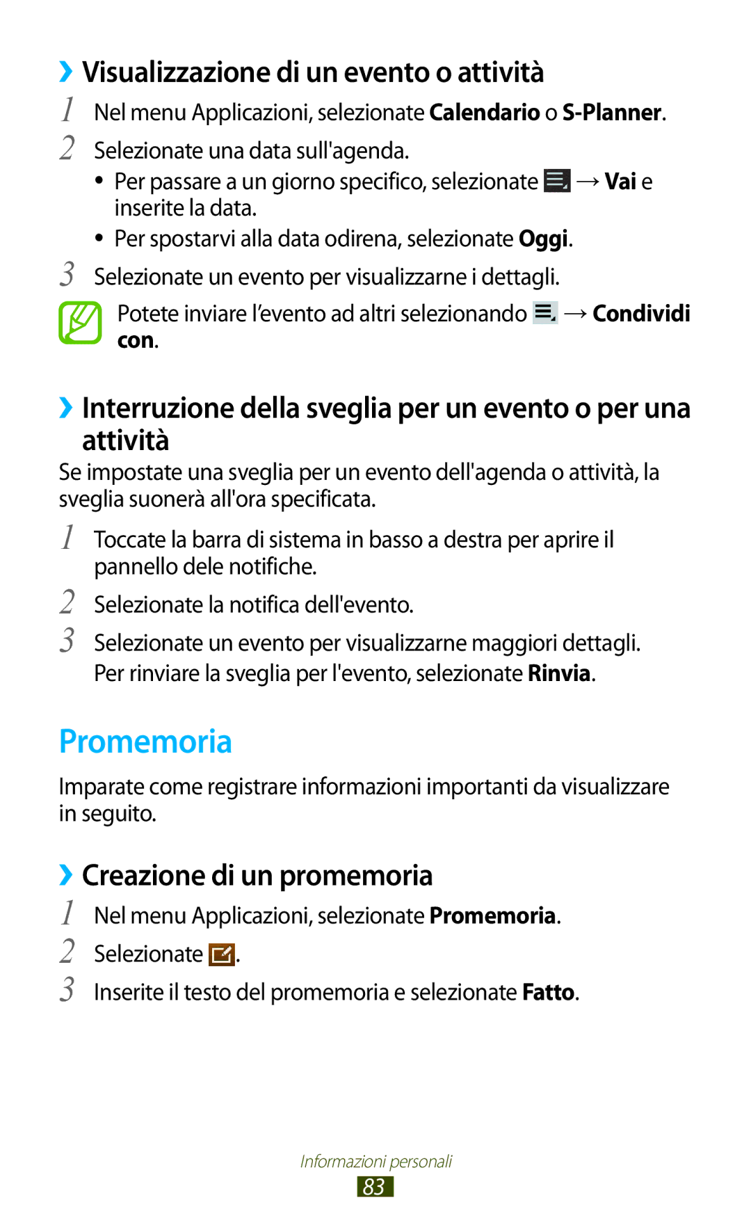 Samsung GT-P7500UWDWIN, GT-P7500FKDOMN Promemoria, ››Visualizzazione di un evento o attività, ››Creazione di un promemoria 