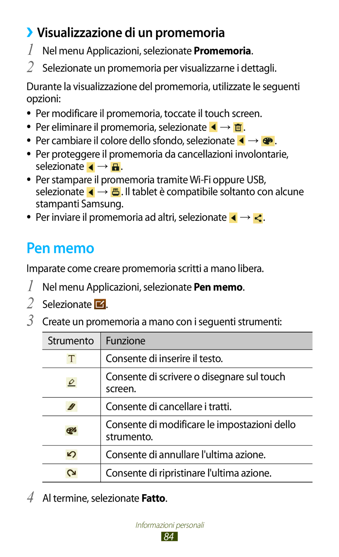 Samsung GT-P7500UWDOMN, GT-P7500FKDOMN, GT-P7500UWDHUI manual Pen memo, ››Visualizzazione di un promemoria, Stampanti Samsung 