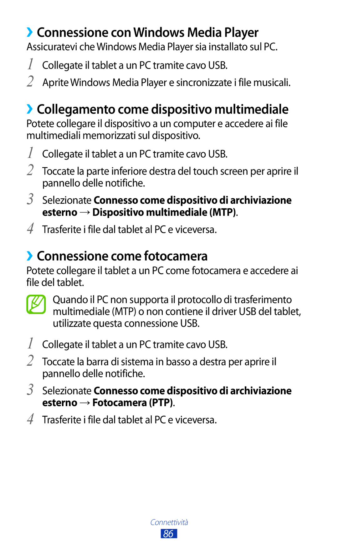 Samsung GT-P7500UWDTIM manual ››Connessione con Windows Media Player, ››Collegamento come dispositivo multimediale 