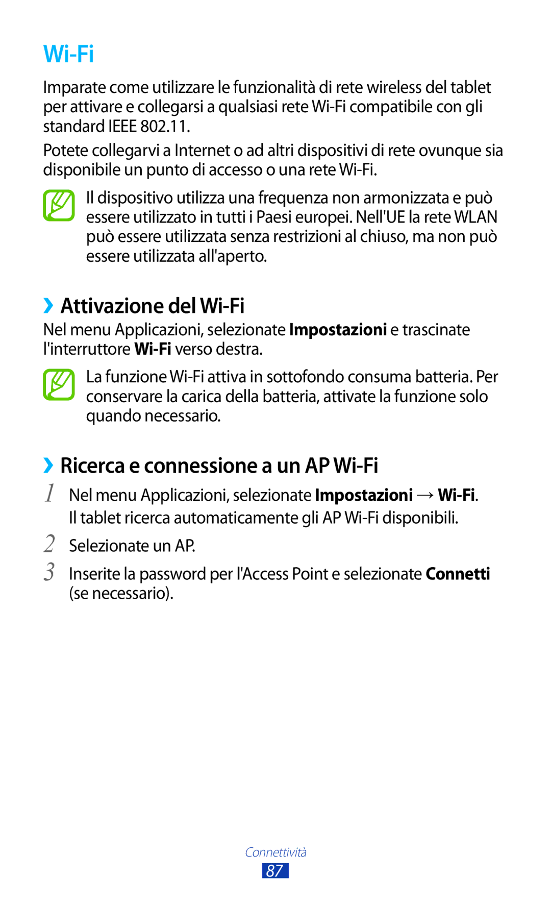 Samsung GT-P7500UWDITV, GT-P7500FKDOMN, GT-P7500UWDHUI ››Attivazione del Wi-Fi, ››Ricerca e connessione a un AP Wi-Fi 