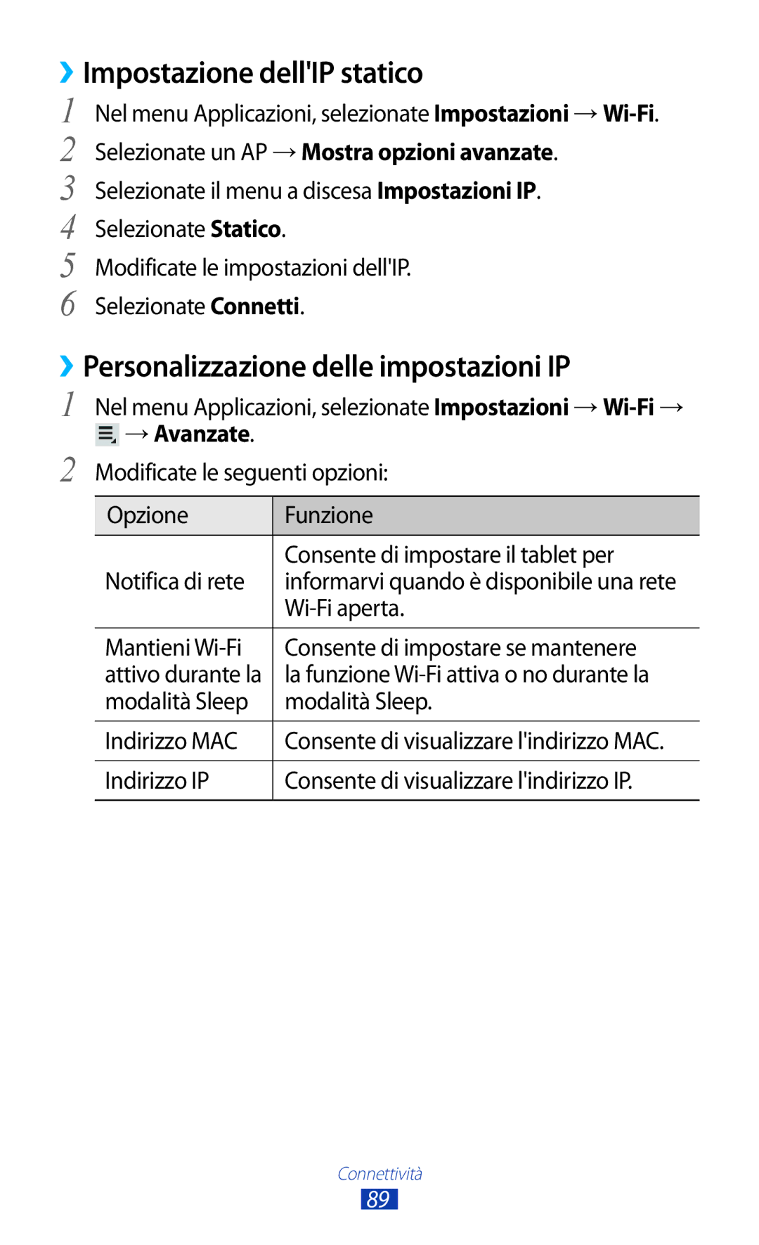 Samsung GT-P7500UWDHUI manual ››Impostazione dellIP statico, ››Personalizzazione delle impostazioni IP, → Avanzate 