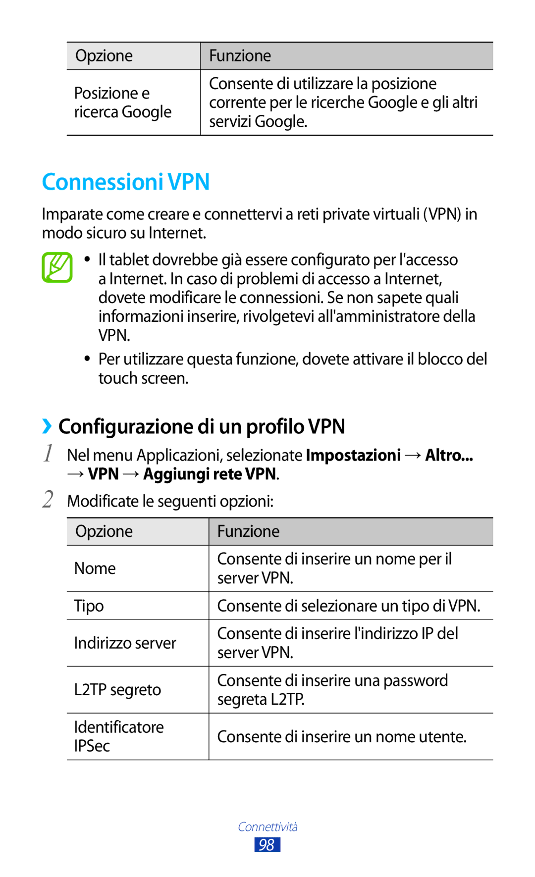 Samsung GT-P7500FKDITV, GT-P7500FKDOMN, GT-P7500UWDHUI, GT-P7500UWDWIN Connessioni VPN, ››Configurazione di un profilo VPN 