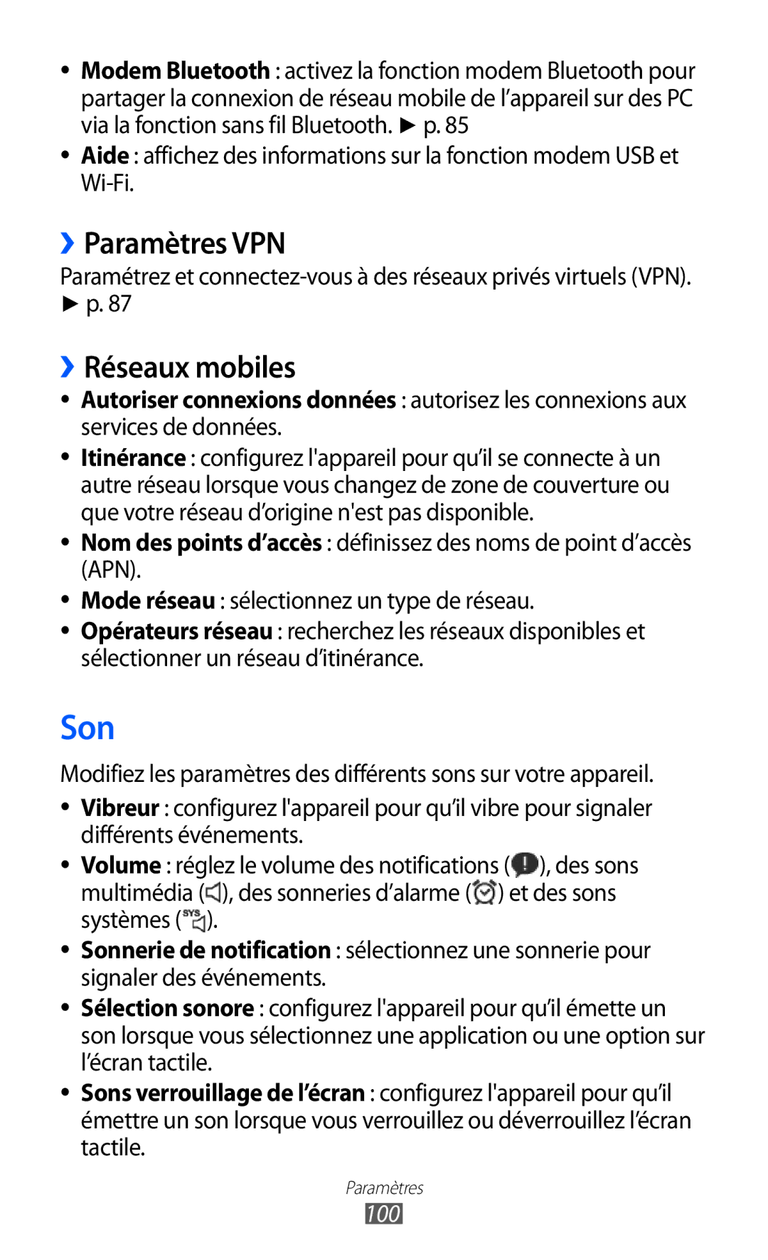 Samsung GT-P7500FKEBGL, GT-P7500FKDGBL, GT-P7500UWDBGL, GT-P7500UWDMTL manual Son, ››Paramètres VPN, ››Réseaux mobiles, 100 