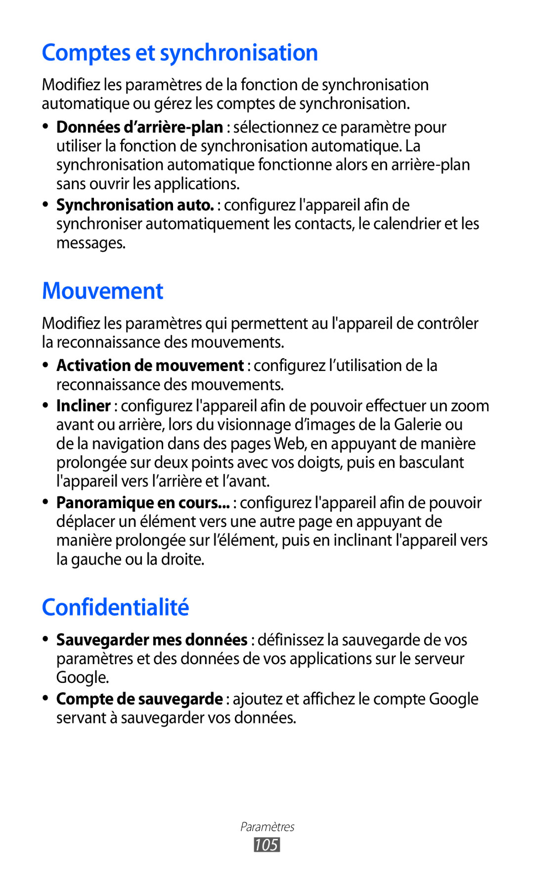 Samsung GT-P7500FKABGL, GT-P7500FKEBGL, GT-P7500FKDGBL manual Comptes et synchronisation, Mouvement, Confidentialité, 105 