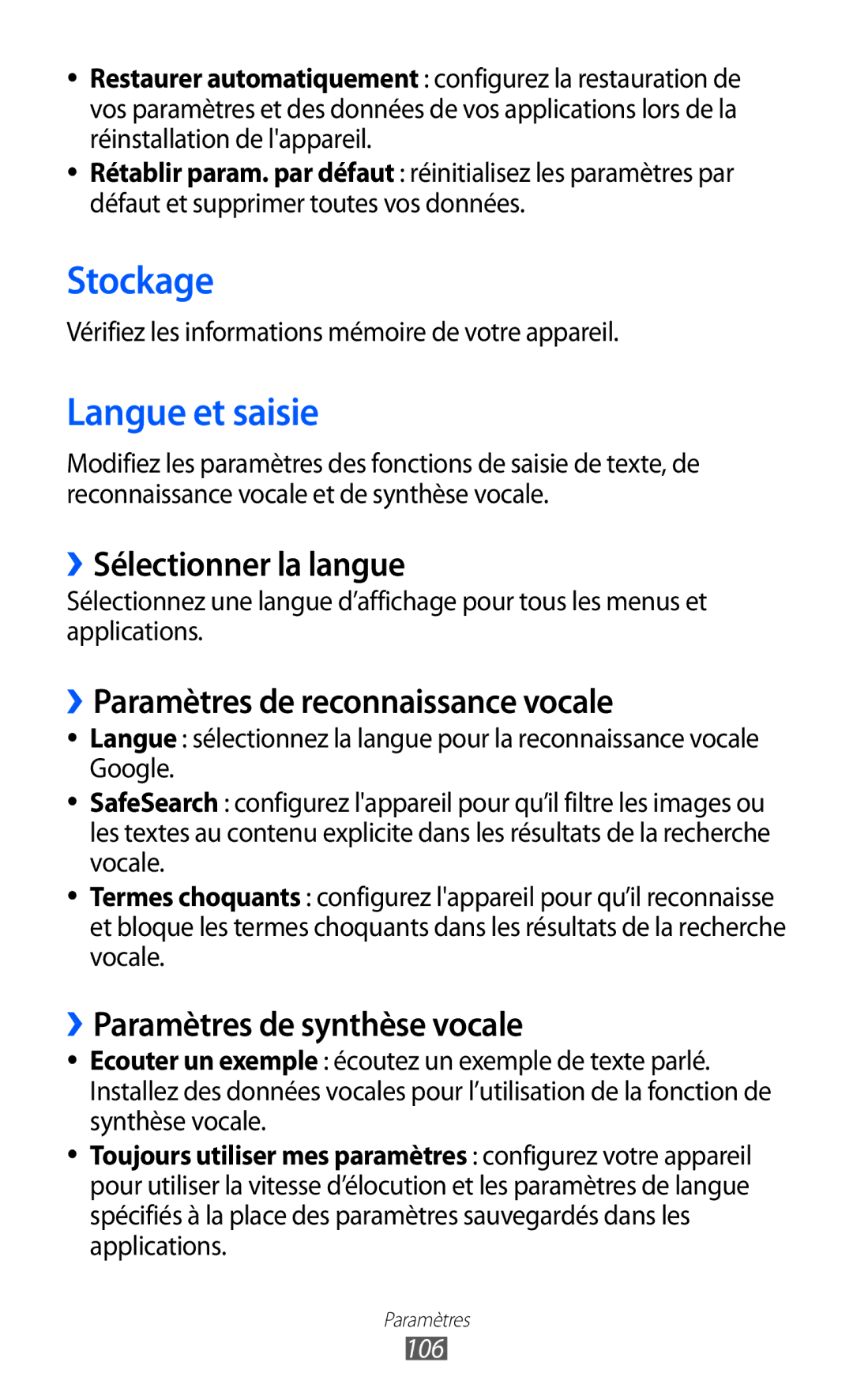 Samsung GT-P7500UWEBGL manual Stockage, Langue et saisie, ››Sélectionner la langue, ››Paramètres de reconnaissance vocale 