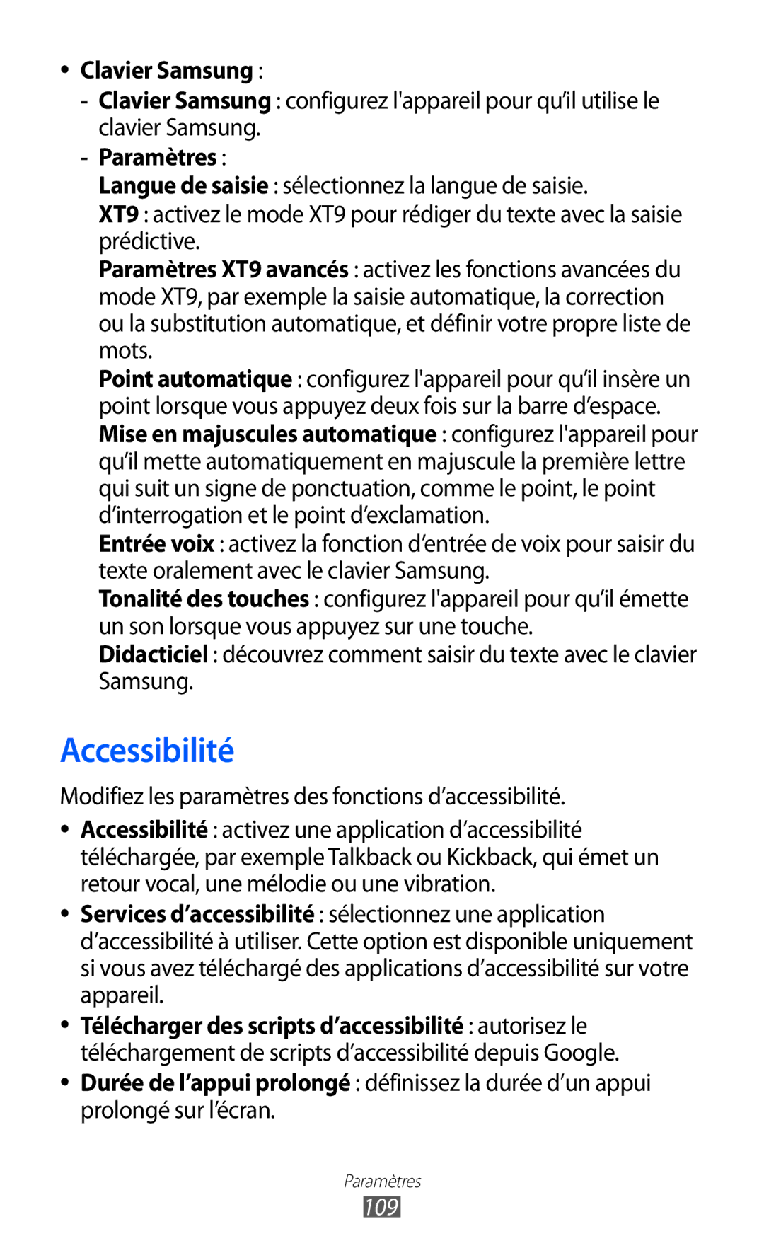 Samsung GT-P7500FKDBGL manual Accessibilité, Clavier Samsung, Modifiez les paramètres des fonctions d’accessibilité, 109 