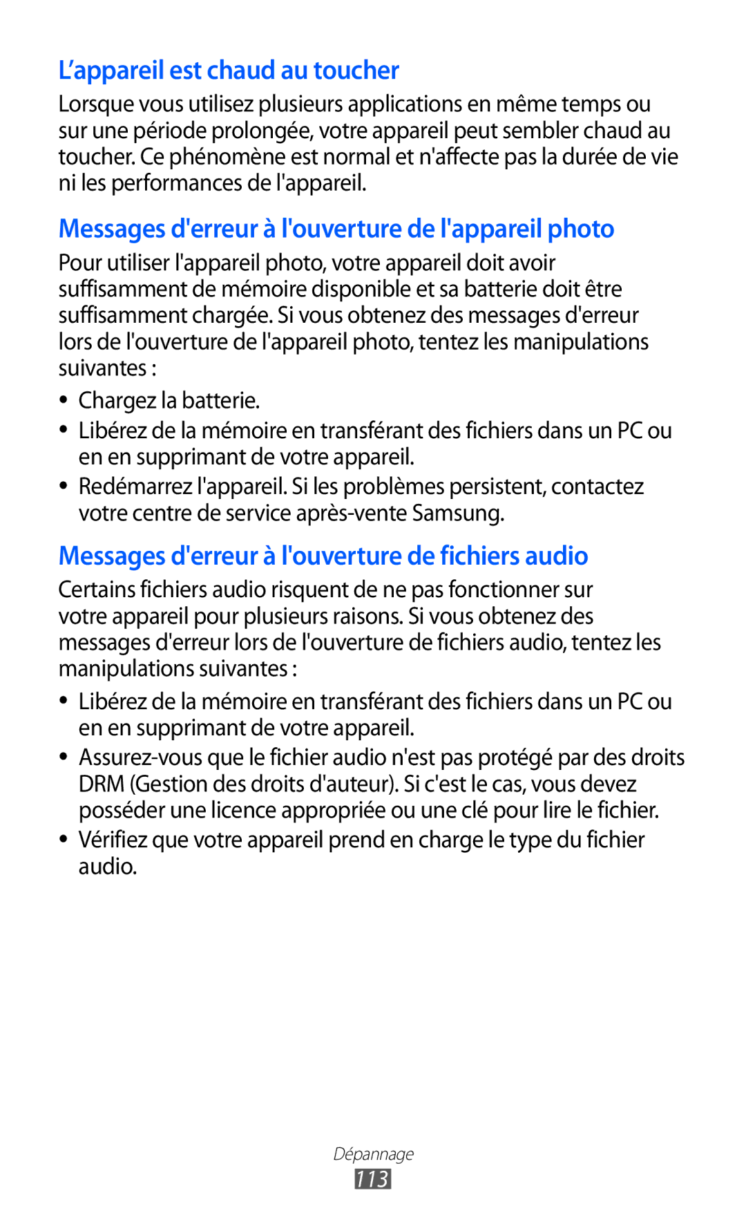 Samsung GT-P7500UWDMTL, GT-P7500FKEBGL, GT-P7500FKDGBL, GT-P7500UWDBGL, GT-P7500FKAMTL ’appareil est chaud au toucher, 113 