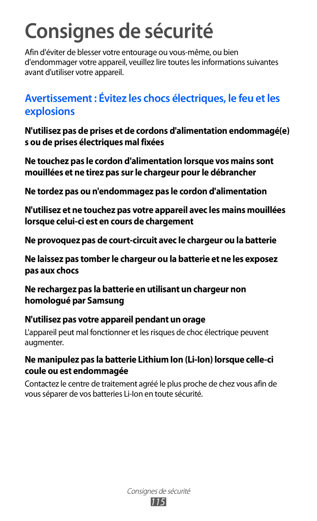 Samsung GT-P7500FKABGL, GT-P7500FKEBGL, GT-P7500FKDGBL, GT-P7500UWDBGL, GT-P7500UWDMTL manual Consignes de sécurité, 115 