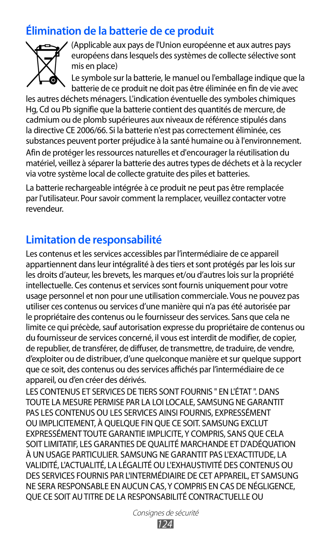 Samsung GT-P7500FKAMTL, GT-P7500FKEBGL, GT-P7500FKDGBL, GT-P7500UWDBGL manual Élimination de la batterie de ce produit, 124 