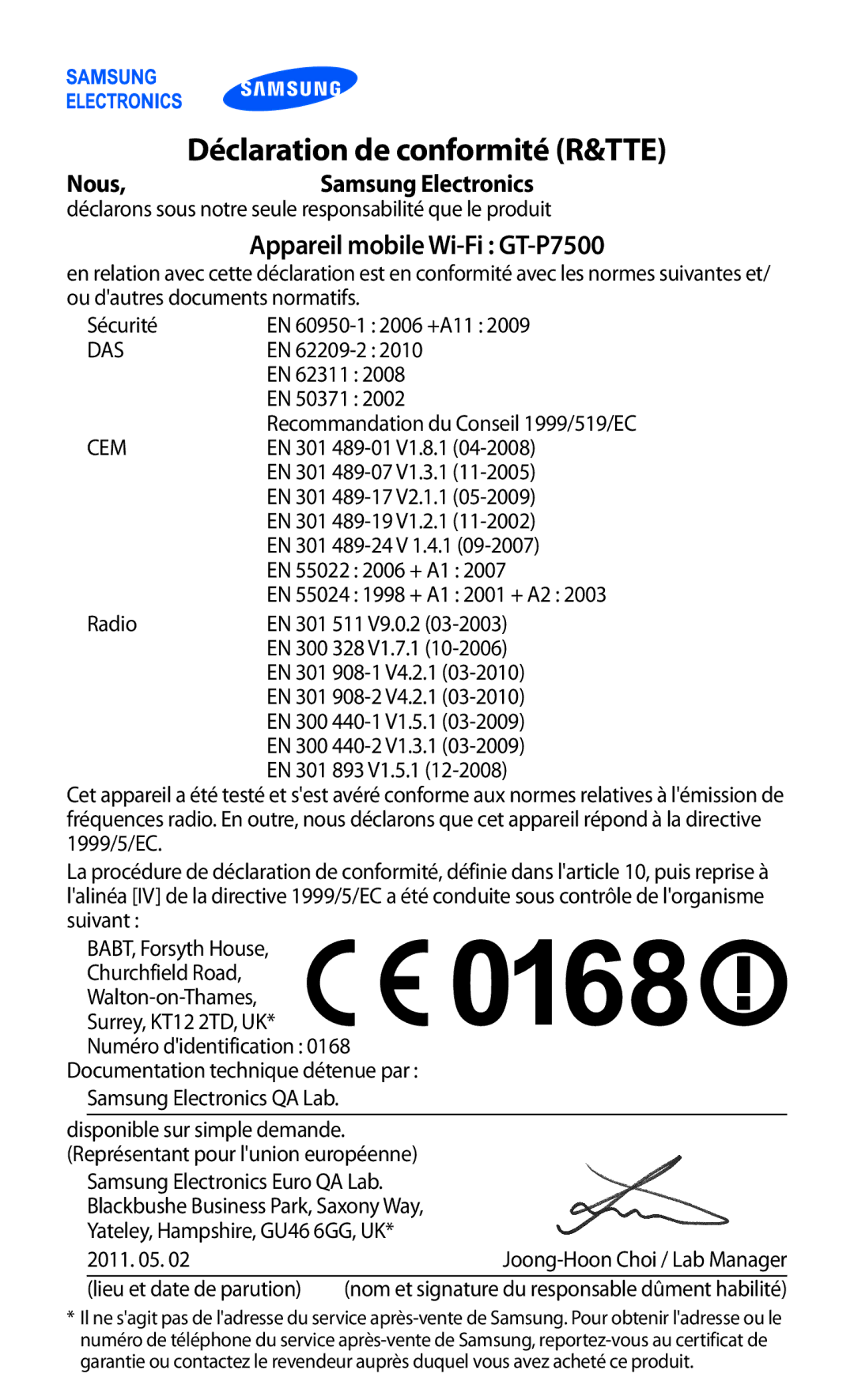 Samsung GT-P7500FKDBGL, GT-P7500FKEBGL, GT-P7500FKDGBL manual Déclaration de conformité R&TTE, Appareil mobile Wi-Fi GT-P7500 