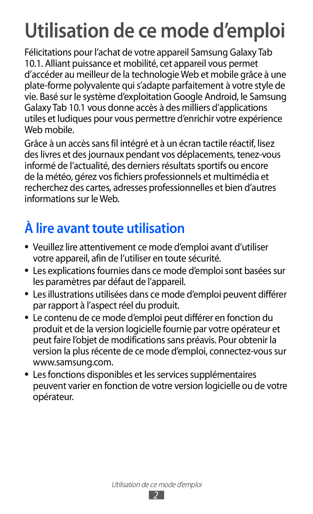 Samsung GT-P7500UWDBGL, GT-P7500FKEBGL, GT-P7500FKDGBL manual Utilisation de ce mode d’emploi, Lire avant toute utilisation 