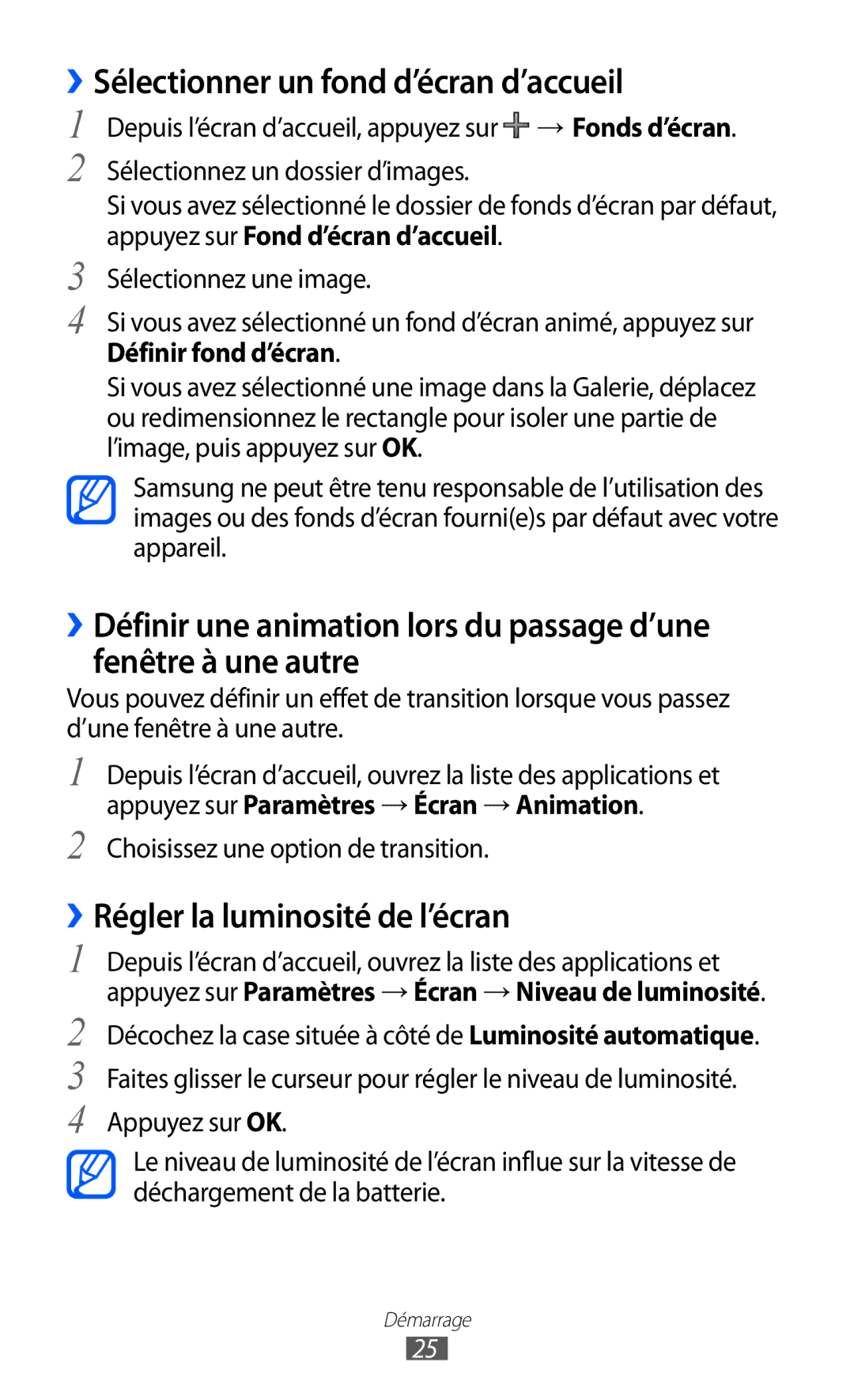 Samsung GT-P7500FKABGL ››Sélectionner un fond d’écran d’accueil, ››Régler la luminosité de l’écran, Définir fond d’écran 