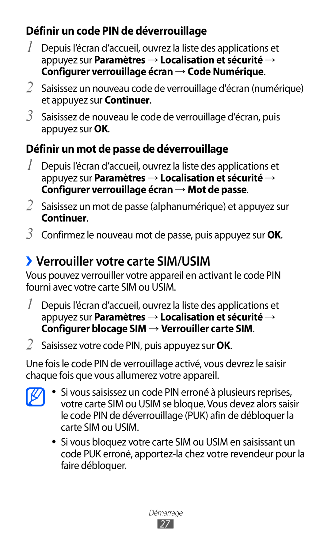 Samsung GT-P7500FKDMTL, GT-P7500FKEBGL manual ››Verrouiller votre carte SIM/USIM, Définir un code PIN de déverrouillage 