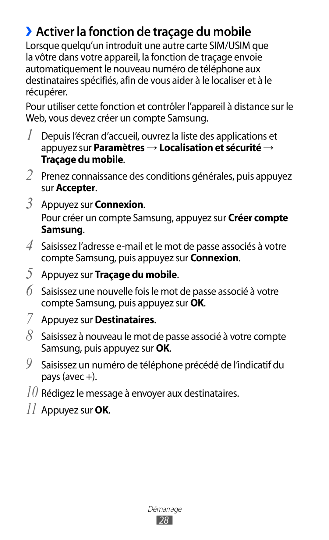 Samsung GT-P7500UWDGBL, GT-P7500FKEBGL manual ››Activer la fonction de traçage du mobile, Appuyez sur Traçage du mobile 