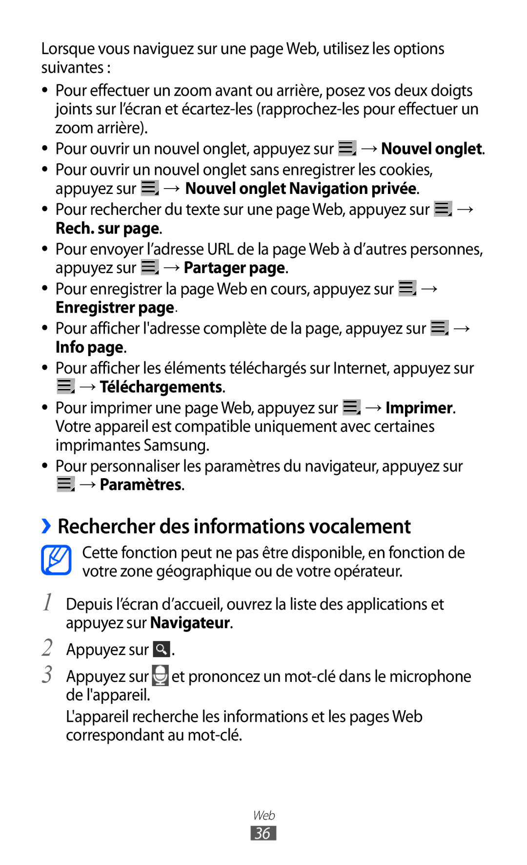 Samsung GT-P7500UWEBGL manual ››Rechercher des informations vocalement, Appuyez sur → Nouvel onglet Navigation privée 