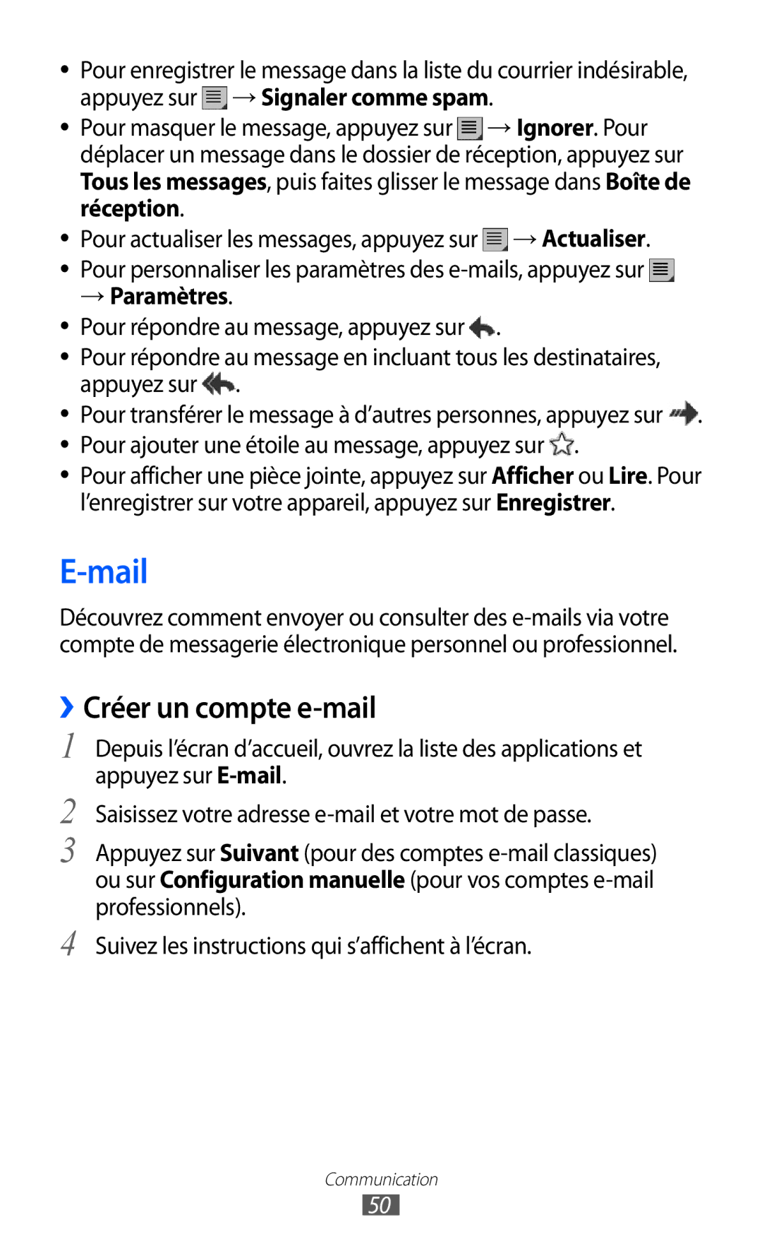 Samsung GT-P7500FKEBGL, GT-P7500FKDGBL, GT-P7500UWDBGL, GT-P7500UWDMTL, GT-P7500FKAMTL manual Mail, ››Créer un compte e-mail 