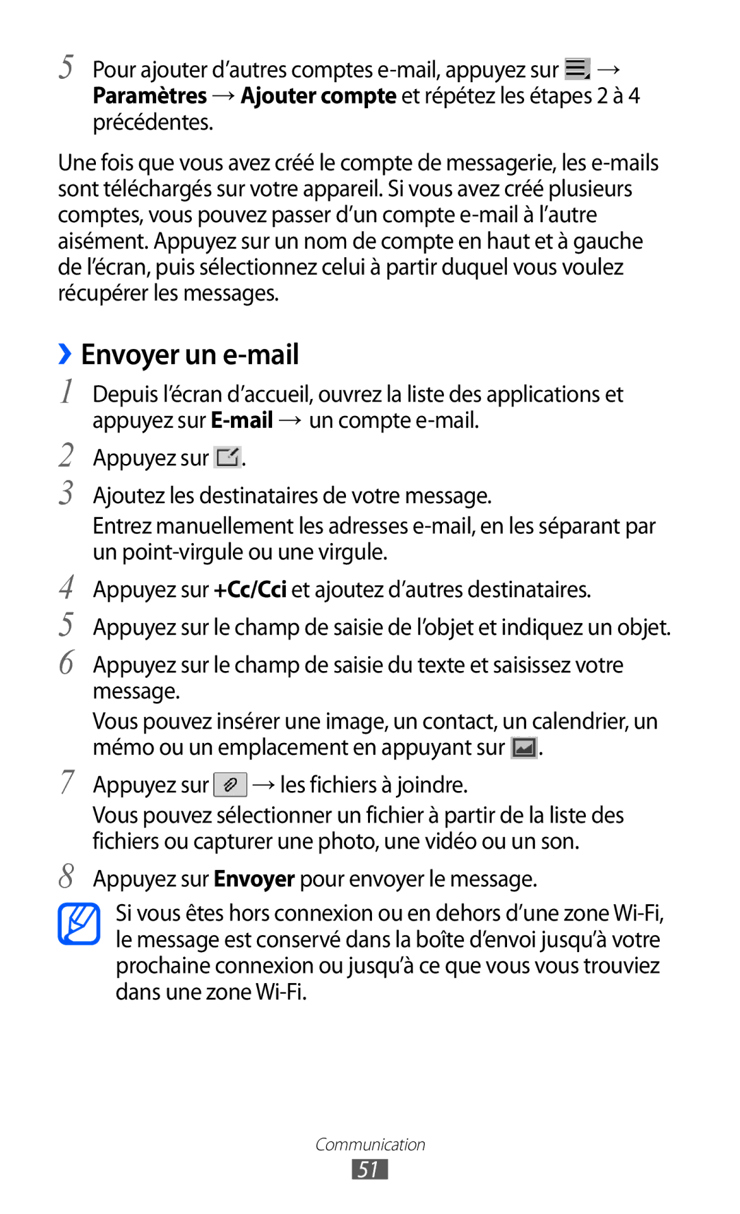 Samsung GT-P7500FKDGBL, GT-P7500FKEBGL, GT-P7500UWDBGL manual ››Envoyer un e-mail, Appuyez sur → les fichiers à joindre 