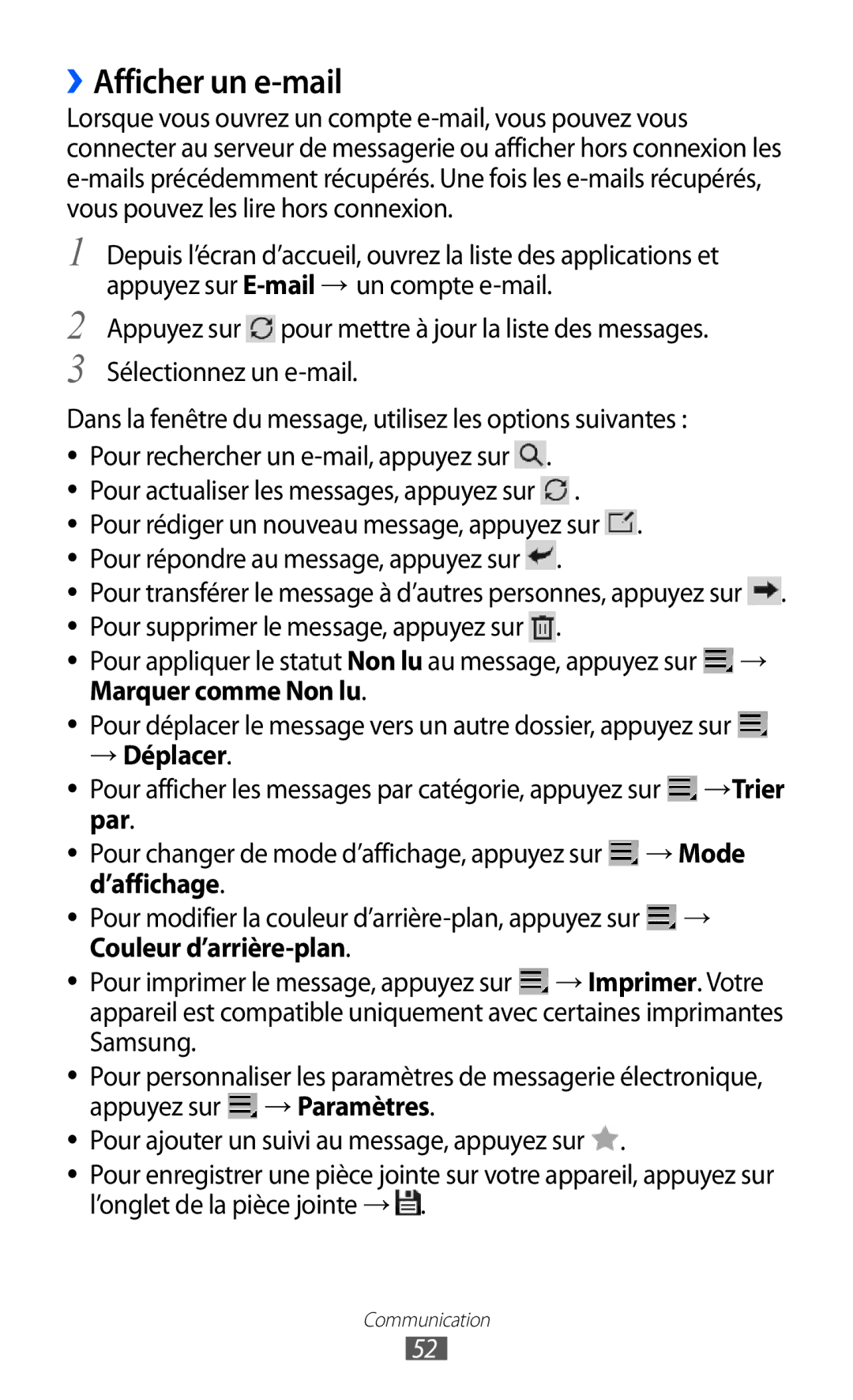 Samsung GT-P7500UWDBGL, GT-P7500FKEBGL, GT-P7500FKDGBL, GT-P7500UWDMTL Pour actualiser les messages, appuyez sur, → Déplacer 