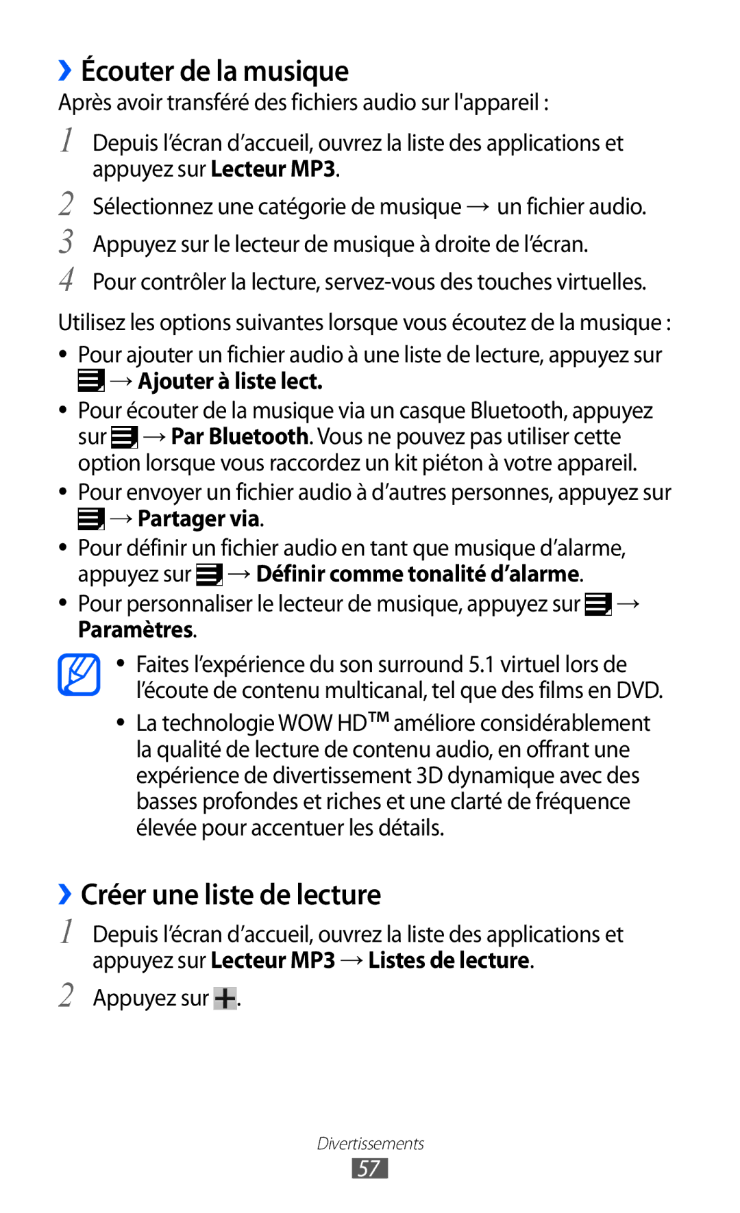 Samsung GT-P7500FKDMTL manual ››Écouter de la musique, ››Créer une liste de lecture, → Ajouter à liste lect, → Partager via 