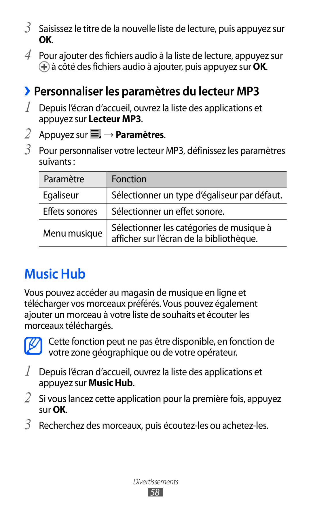 Samsung GT-P7500UWDGBL manual Music Hub, ››Personnaliser les paramètres du lecteur MP3, Sélectionner un effet sonore 