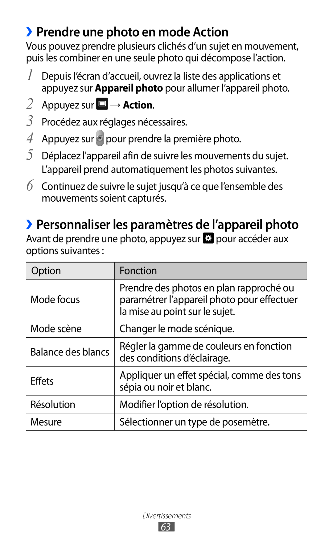 Samsung GT-P7500UWDMTL, GT-P7500FKEBGL, GT-P7500FKDGBL, GT-P7500UWDBGL, GT-P7500FKAMTL ››Prendre une photo en mode Action 