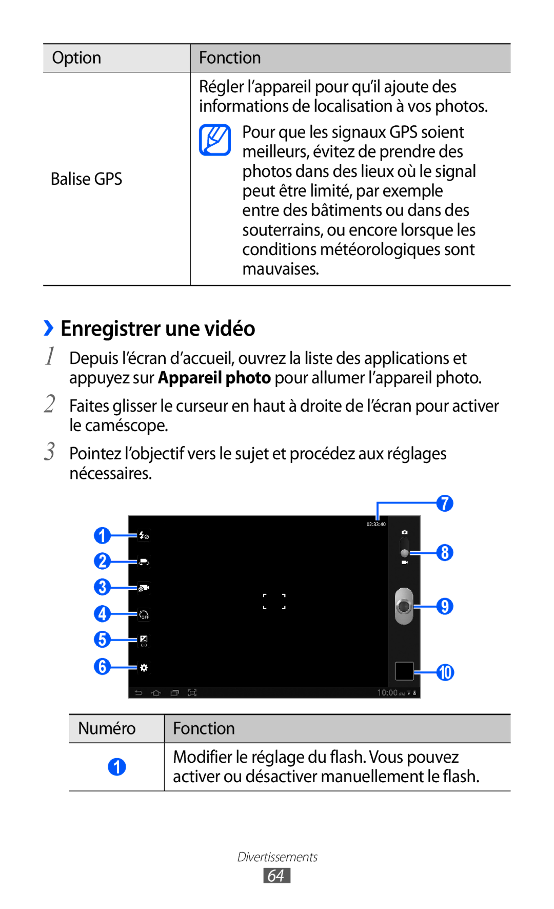 Samsung GT-P7500FKAMTL, GT-P7500FKEBGL ››Enregistrer une vidéo, Option Fonction Régler l’appareil pour qu’il ajoute des 