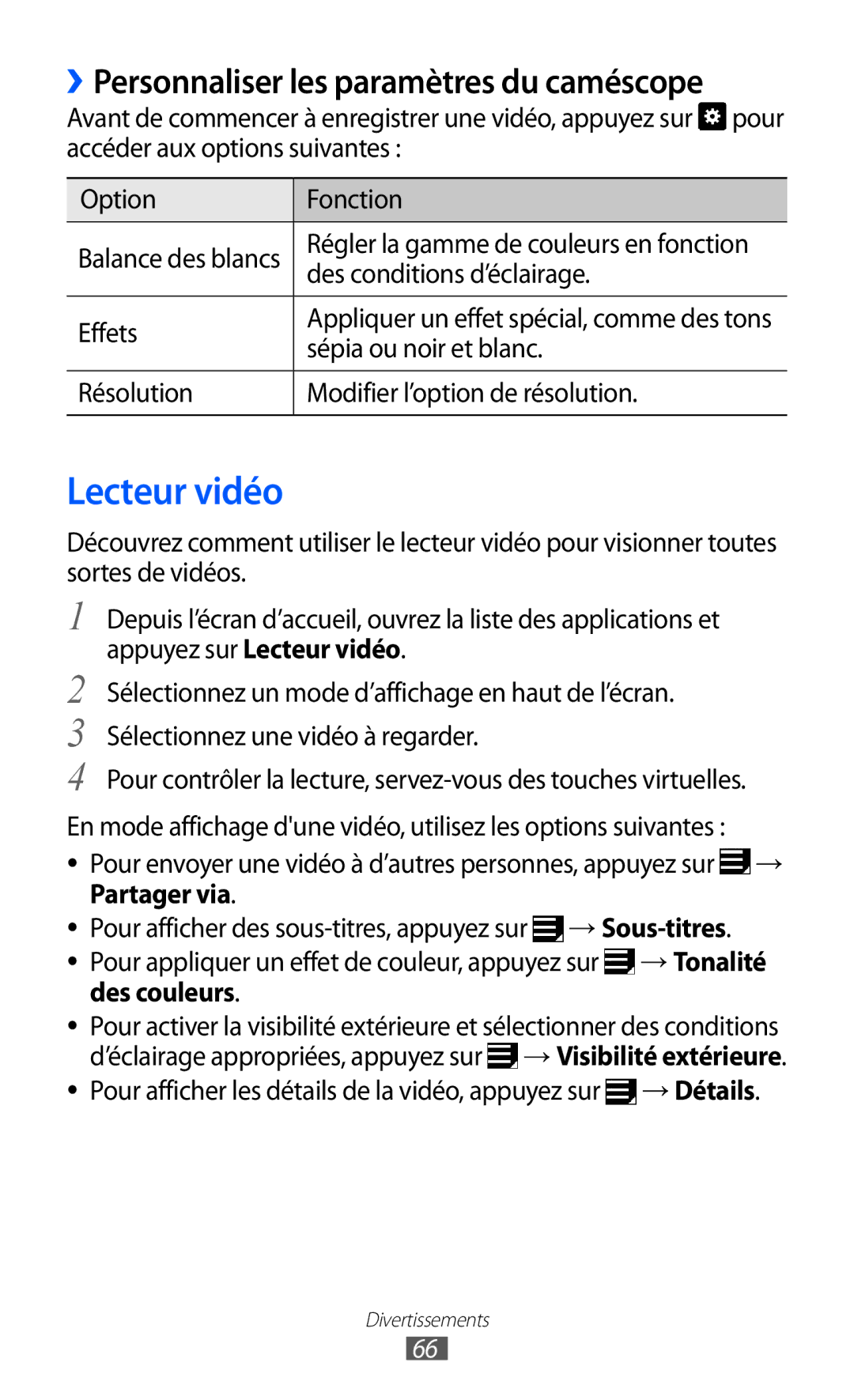 Samsung GT-P7500UWEBGL, GT-P7500FKEBGL, GT-P7500FKDGBL manual Lecteur vidéo, ››Personnaliser les paramètres du caméscope 