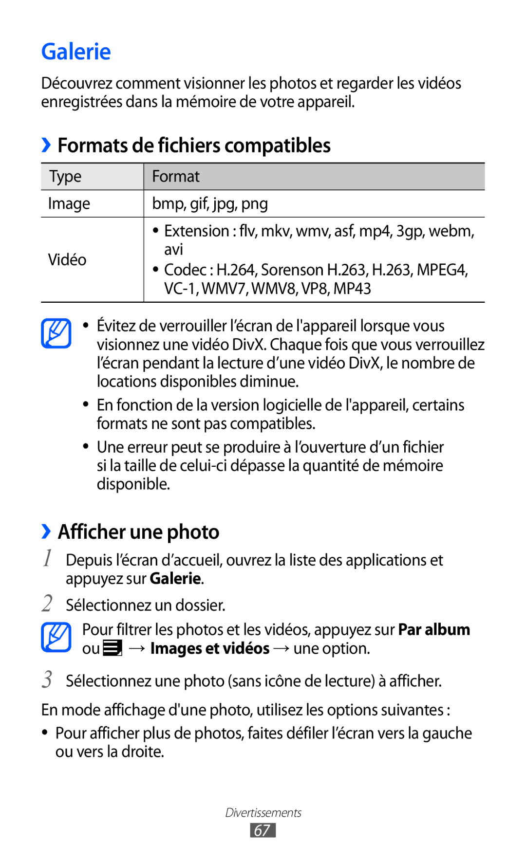 Samsung GT-P7500FKDMTL, GT-P7500FKEBGL, GT-P7500FKDGBL manual Galerie, Formats de fichiers compatibles, ››Afficher une photo 