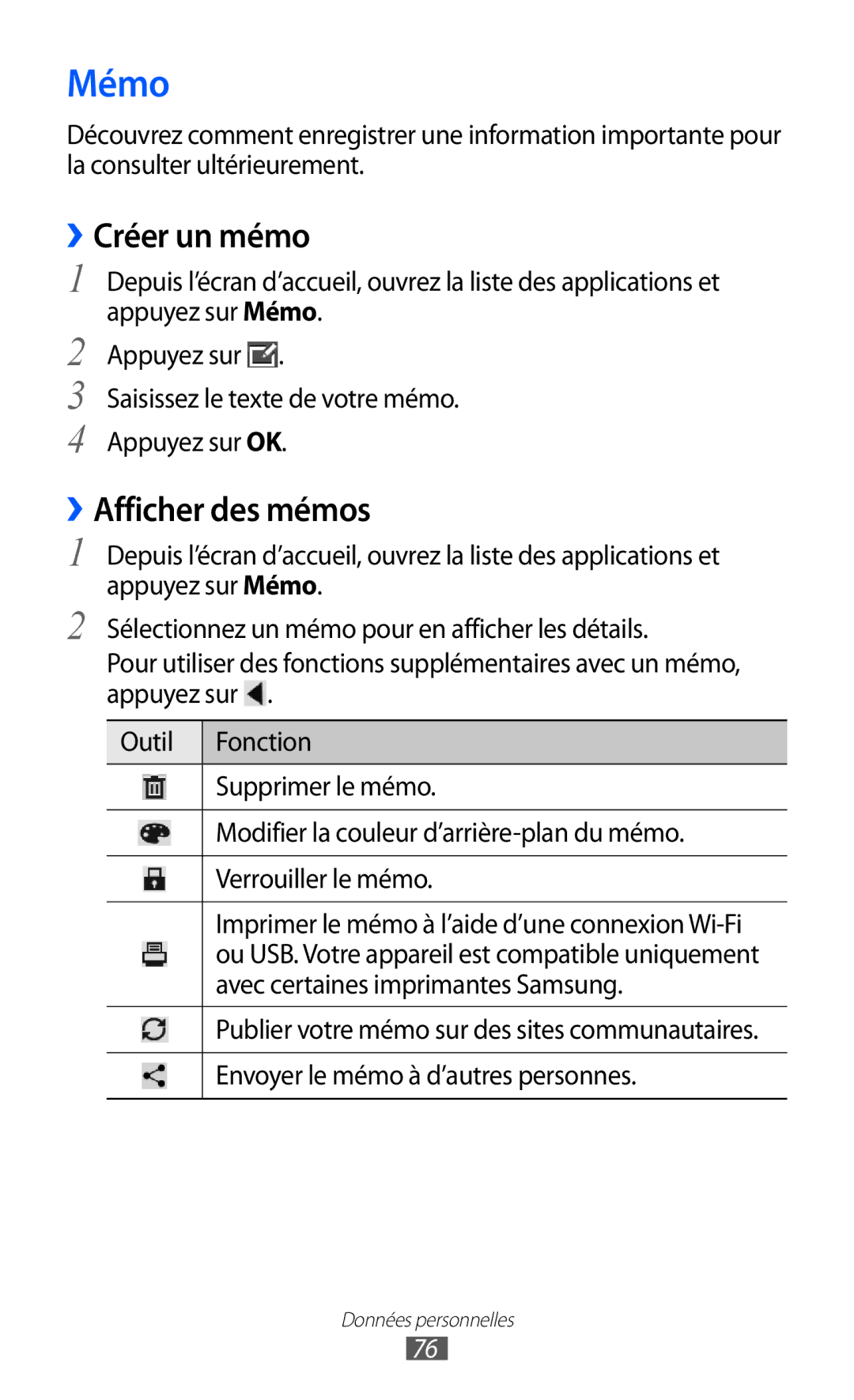 Samsung GT-P7500UWEBGL, GT-P7500FKEBGL Mémo, ››Créer un mémo, ››Afficher des mémos, Avec certaines imprimantes Samsung 