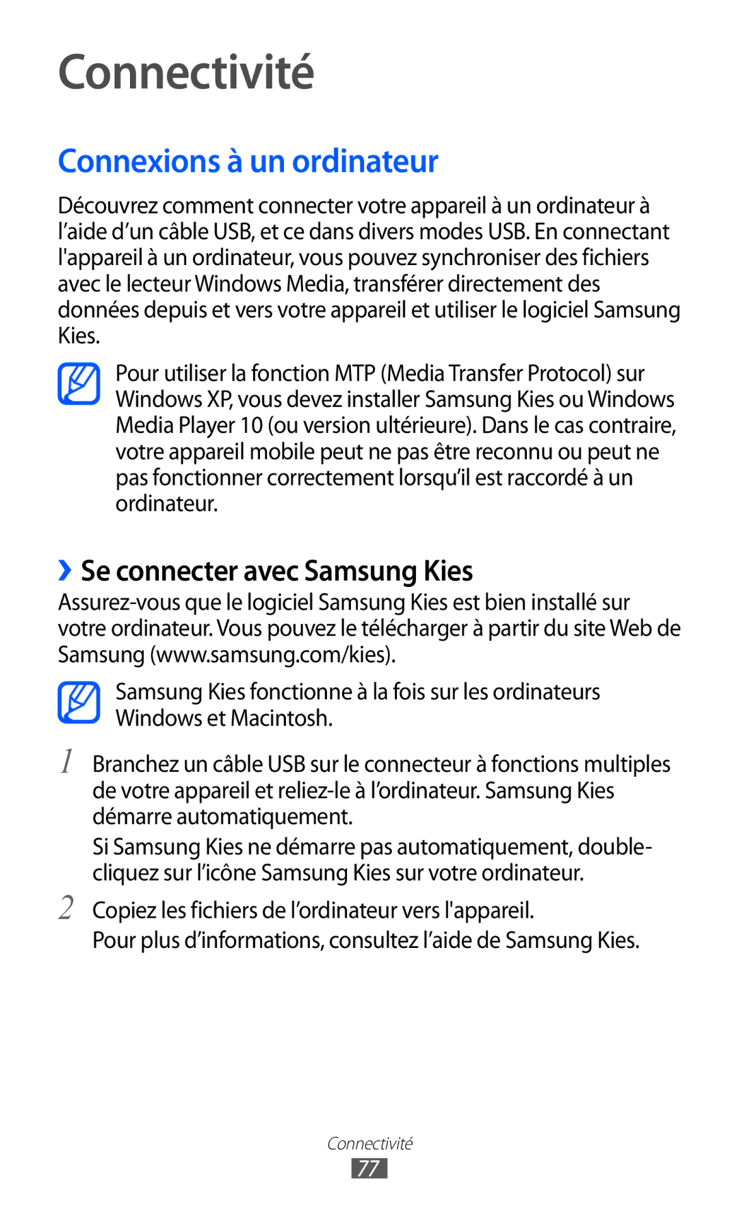 Samsung GT-P7500FKDMTL, GT-P7500FKEBGL manual Connectivité, Connexions à un ordinateur, ››Se connecter avec Samsung Kies 