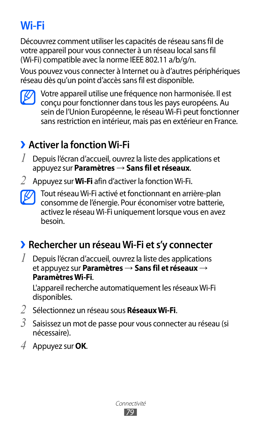 Samsung GT-P7500FKDBGL, GT-P7500FKEBGL manual ››Activer la fonction Wi-Fi, ››Rechercher un réseau Wi-Fi et s’y connecter 