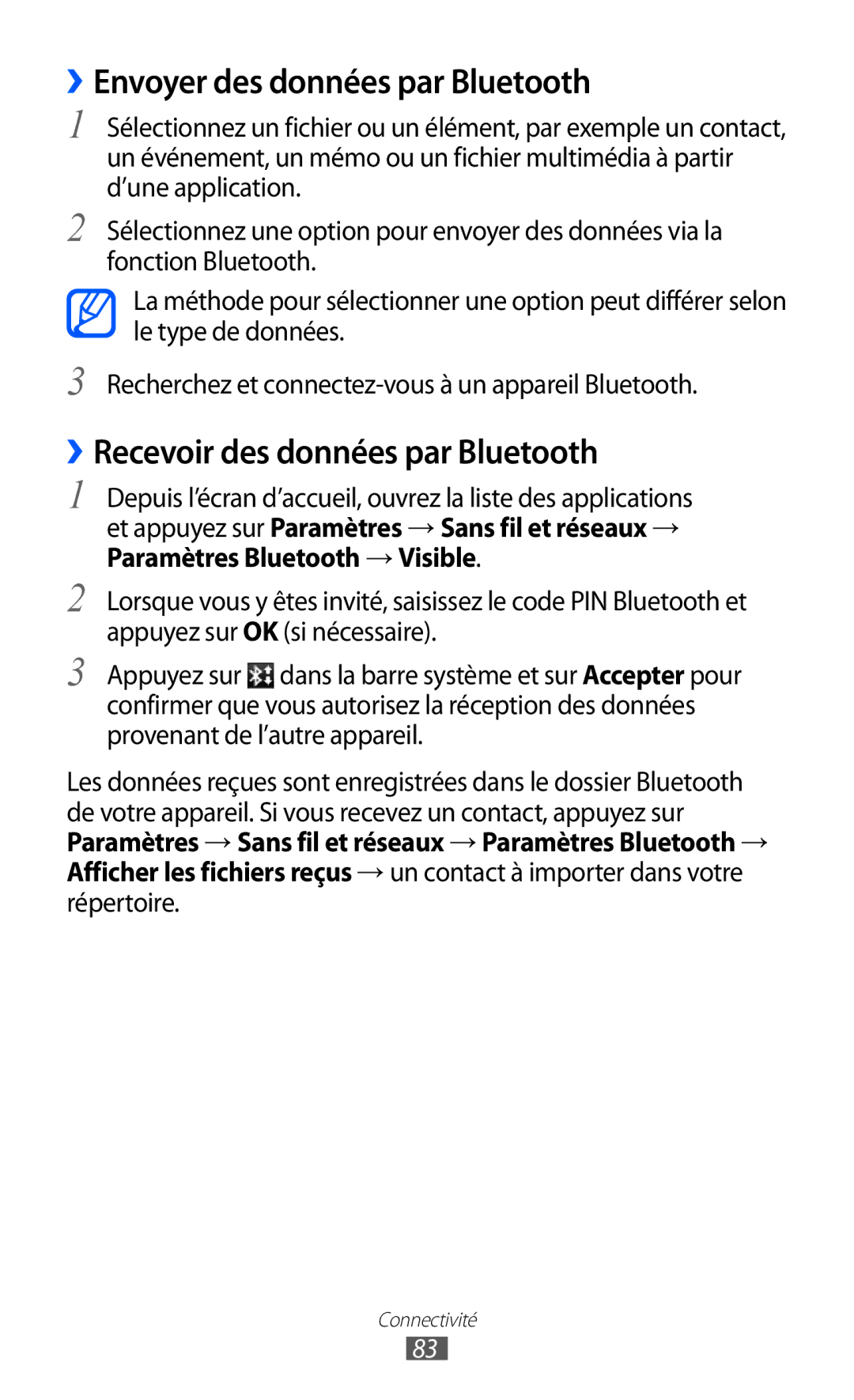 Samsung GT-P7500UWDMTL, GT-P7500FKEBGL manual ››Envoyer des données par Bluetooth, ››Recevoir des données par Bluetooth 