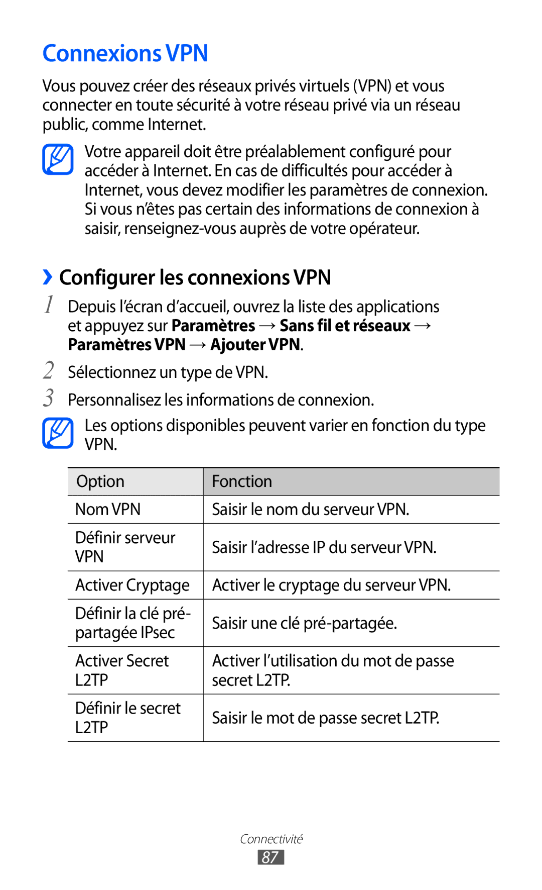 Samsung GT-P7500FKDMTL, GT-P7500FKEBGL, GT-P7500FKDGBL, GT-P7500UWDBGL manual Connexions VPN, ››Configurer les connexions VPN 