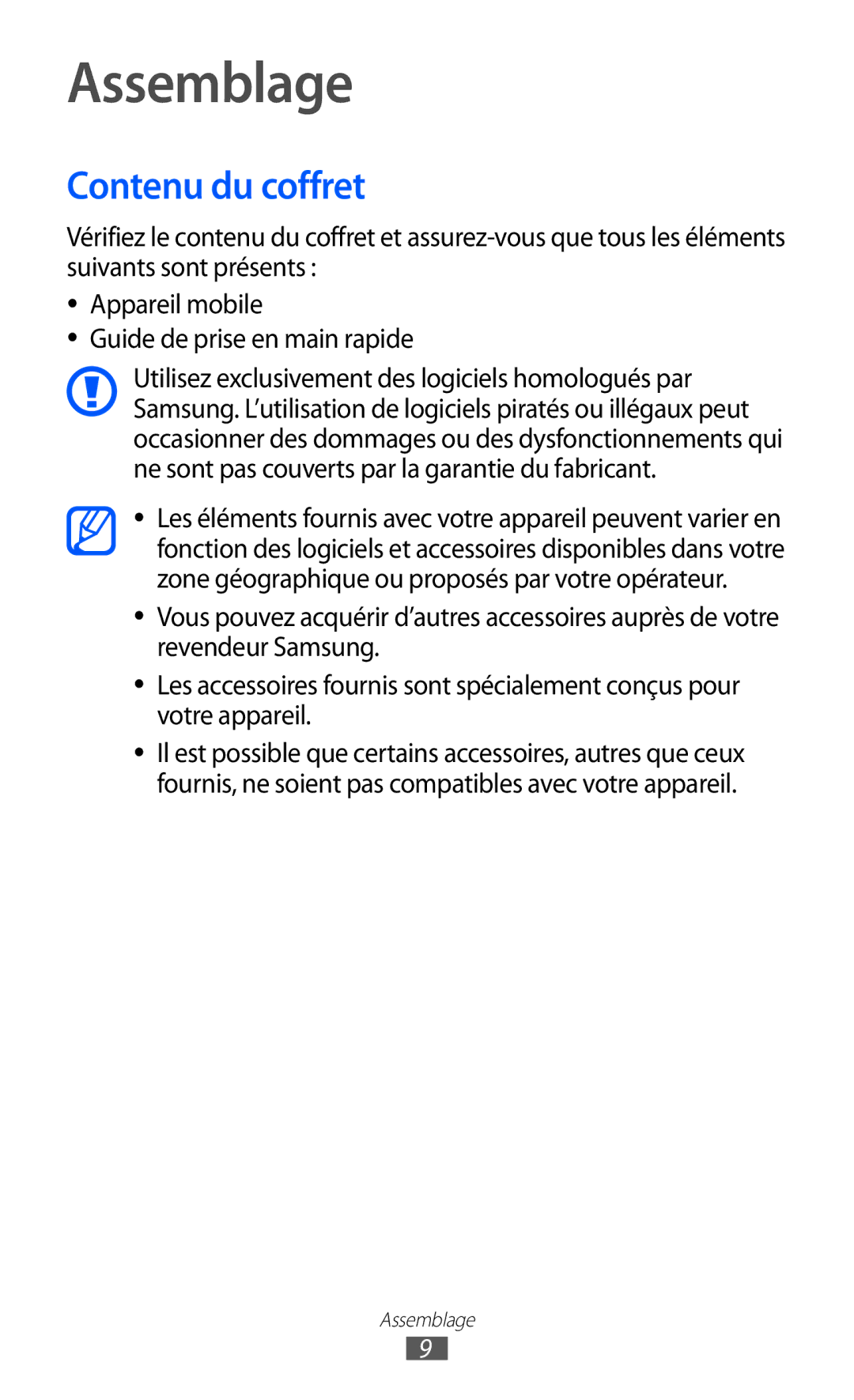 Samsung GT-P7500FKDBGL, GT-P7500FKEBGL, GT-P7500FKDGBL, GT-P7500UWDBGL, GT-P7500UWDMTL manual Assemblage, Contenu du coffret 