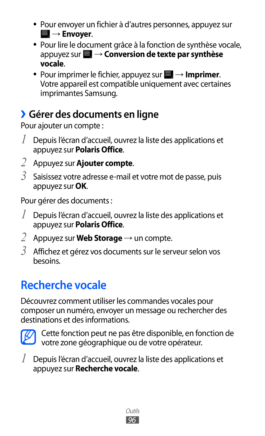 Samsung GT-P7500UWEBGL, GT-P7500FKEBGL manual Recherche vocale, ››Gérer des documents en ligne, Appuyez sur Ajouter compte 