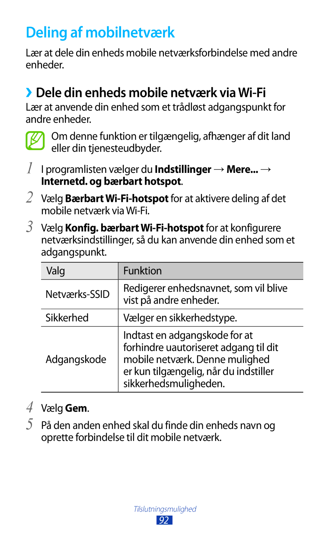 Samsung GT-P7500ZWDNEE manual Deling af mobilnetværk, ››Dele din enheds mobile netværk via Wi-Fi, Vist på andre enheder 