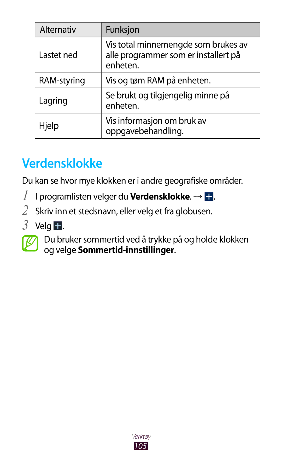 Samsung GT-P7500UWDNSE, GT-P7500FKENEE, GT-P7500FKDNEE, GT-P7500ZWDNEE, GT-P7500UWANEE Verdensklokke, Alternativ Funksjon 