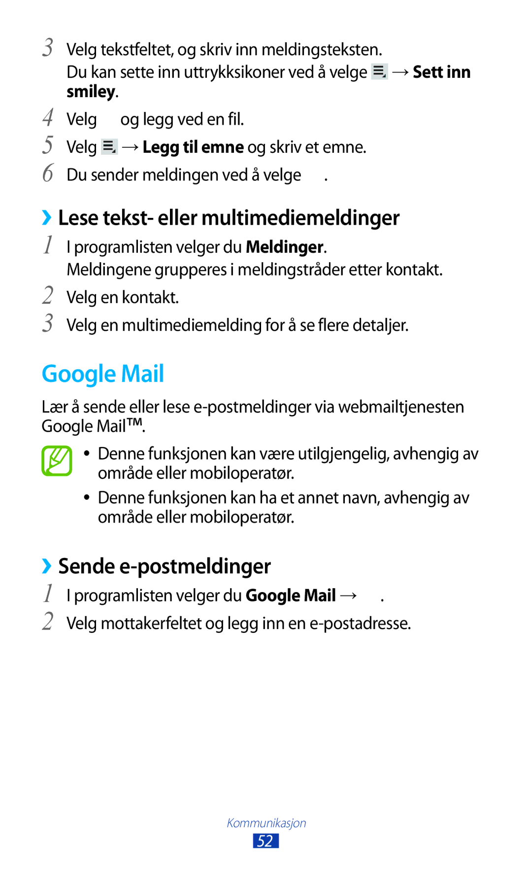 Samsung GT-P7500FKANEE, GT-P7500FKENEE manual Google Mail, ››Lese tekst- eller multimediemeldinger, ››Sende e-postmeldinger 