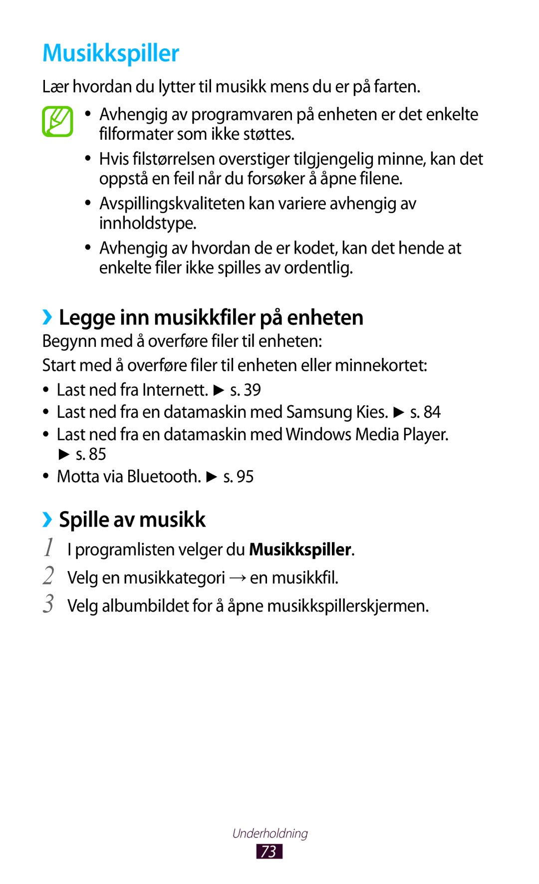 Samsung GT-P7500FKDNEE manual Musikkspiller, ››Legge inn musikkfiler på enheten, ››Spille av musikk, Motta via Bluetooth. s 