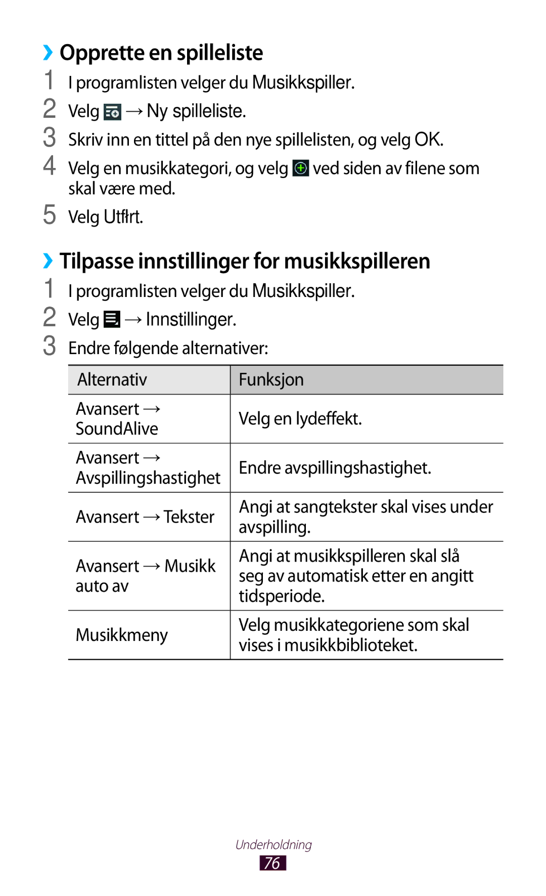 Samsung GT-P7500UWDNEE ››Opprette en spilleliste, ››Tilpasse innstillinger for musikkspilleren, Velg → Ny spilleliste 