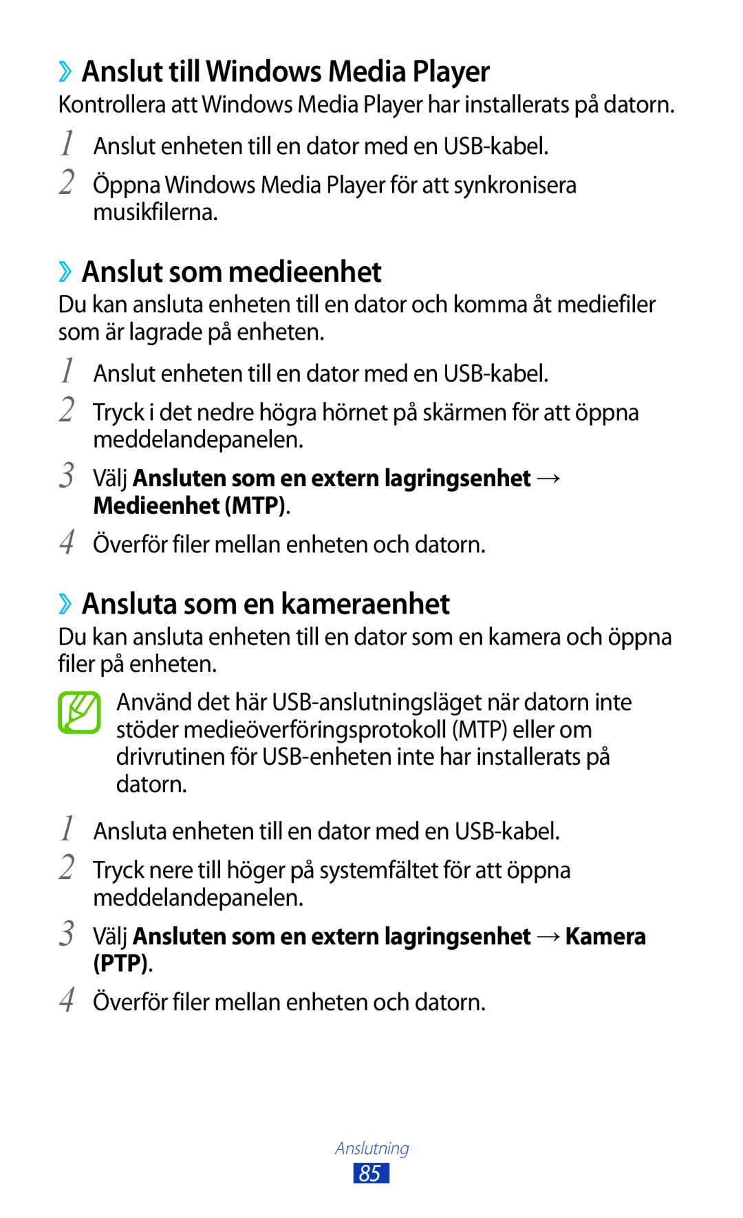 Samsung GT-P7500UWDNEE manual ››Anslut till Windows Media Player, ››Anslut som medieenhet, ››Ansluta som en kameraenhet 