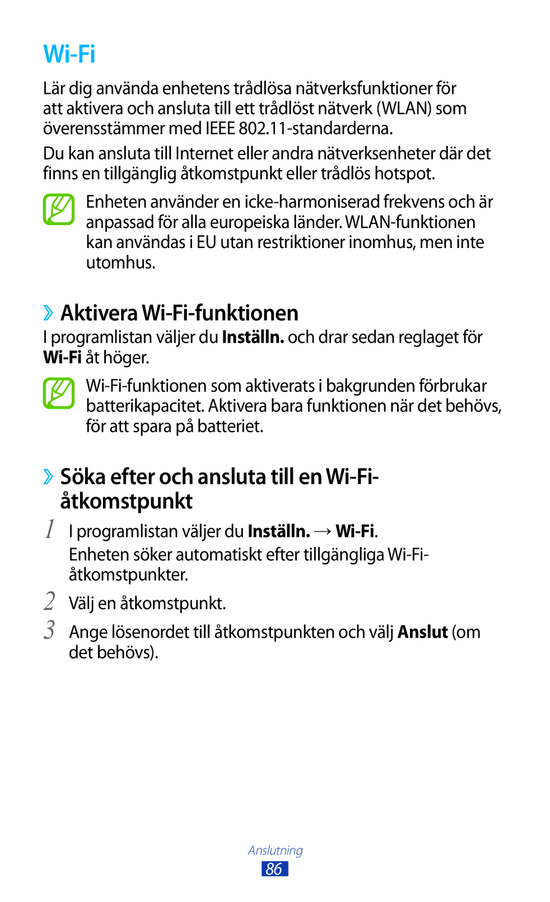 Samsung GT-P7500ZWENEE manual ››Aktivera Wi-Fi-funktionen, ››Söka efter och ansluta till en Wi-Fi- åtkomstpunkt 