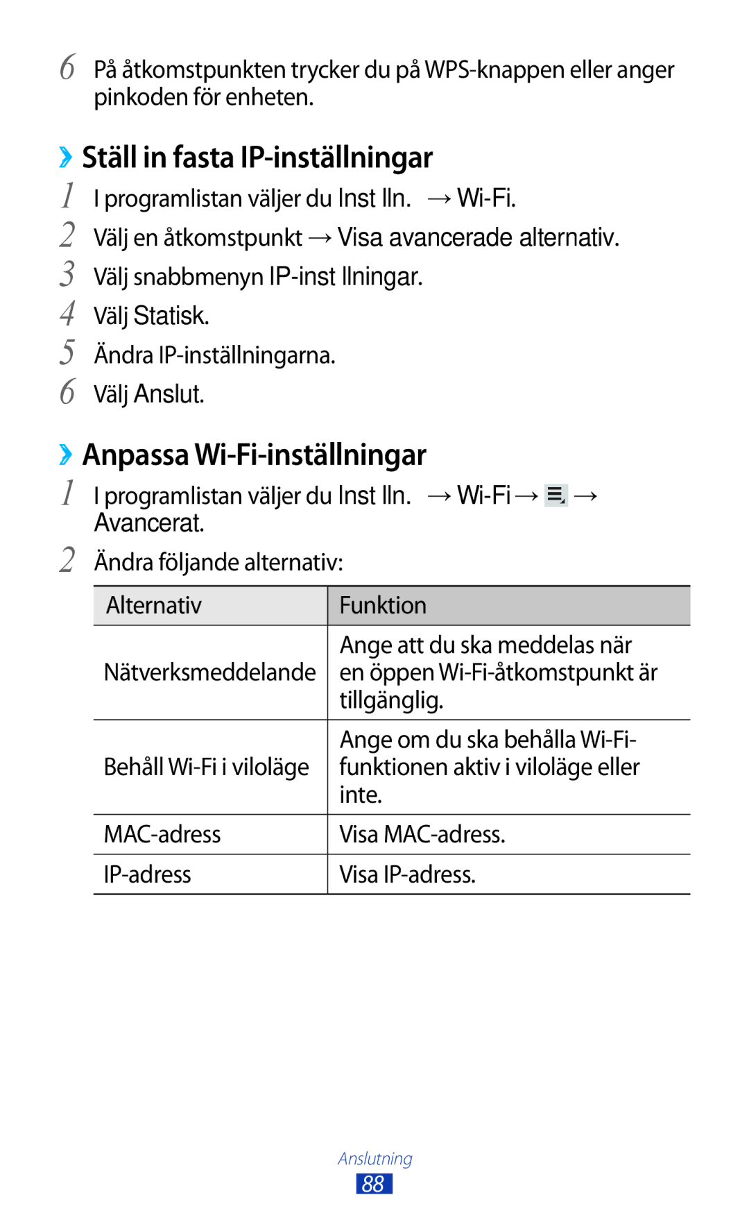 Samsung GT-P7500FKANEE, GT-P7500FKENEE manual ››Ställ in fasta IP-inställningar, ››Anpassa Wi-Fi-inställningar, Välj Statisk 