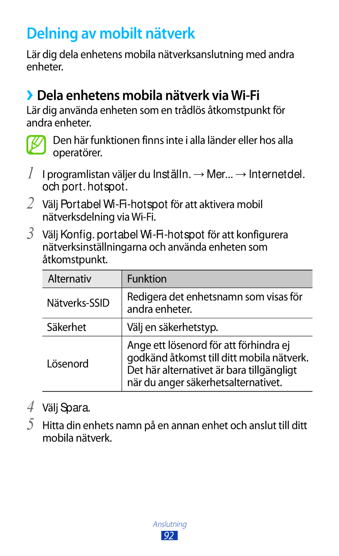 Samsung GT-P7500ZWDNEE, GT-P7500FKENEE Delning av mobilt nätverk, ››Dela enhetens mobila nätverk via Wi-Fi, Andra enheter 