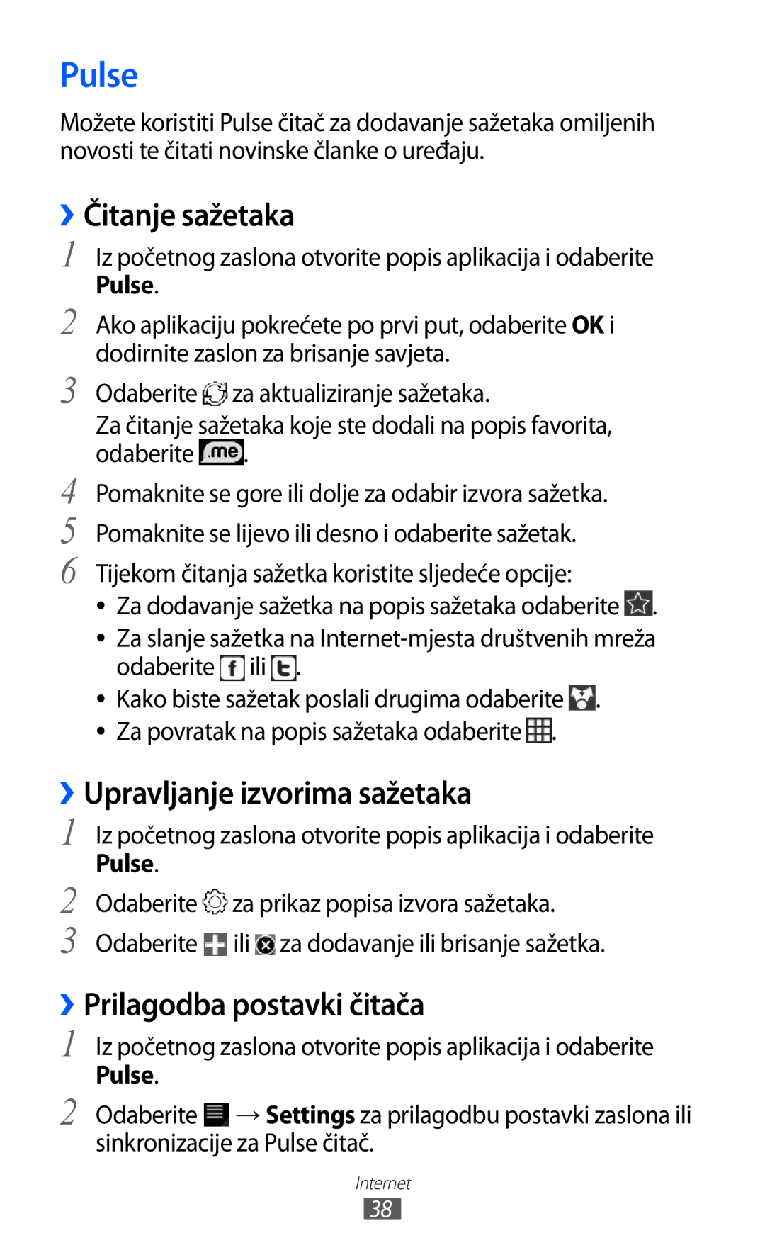 Samsung GT-P7500ZWAVIP manual Pulse, ››Čitanje sažetaka, ››Upravljanje izvorima sažetaka, ››Prilagodba postavki čitača 