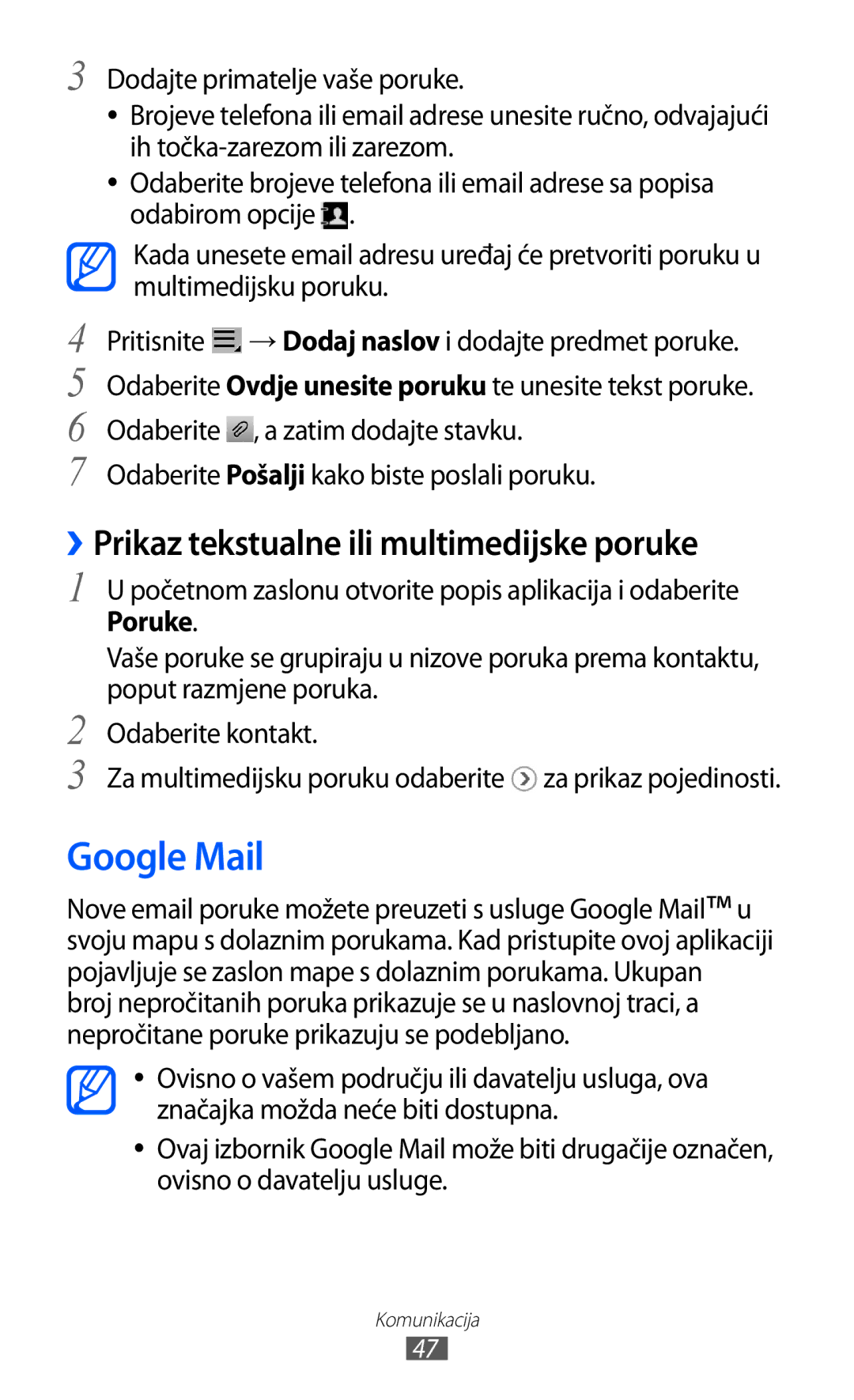 Samsung GT-P7500FKDTWO, GT-P7500UWDVIP, GT-P7500FKDTRA manual Google Mail, ››Prikaz tekstualne ili multimedijske poruke 