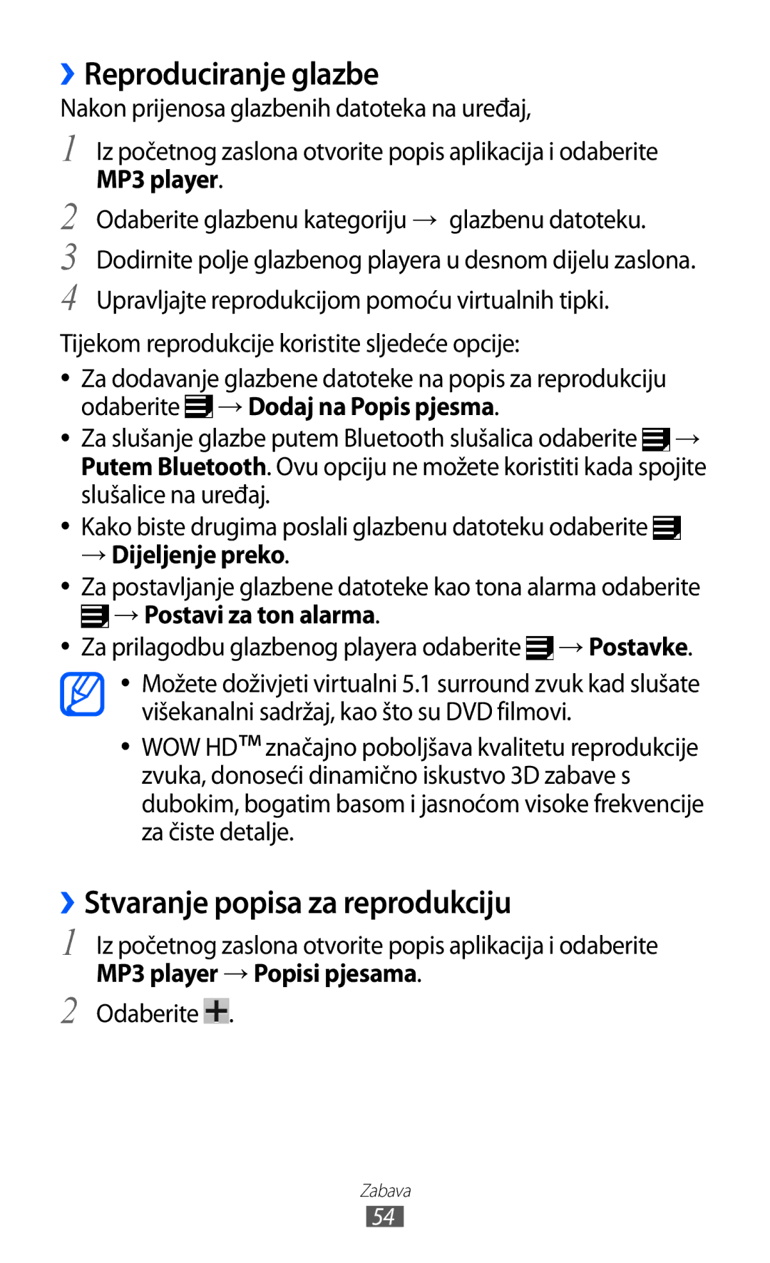 Samsung GT-P7500ZWAVIP, GT-P7500UWDVIP, GT-P7500FKDTRA manual ››Reproduciranje glazbe, ››Stvaranje popisa za reprodukciju 